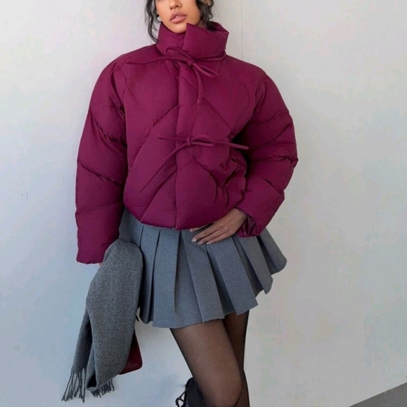 Women's Solid Color Front Tie Long Sleeve Pocket Casual Winter Jacket - Picture 2 of 4